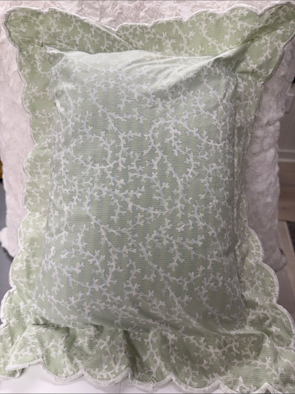 Yves Delorme Pale Green Scalloped Decorative Pillow with White Vine Motif